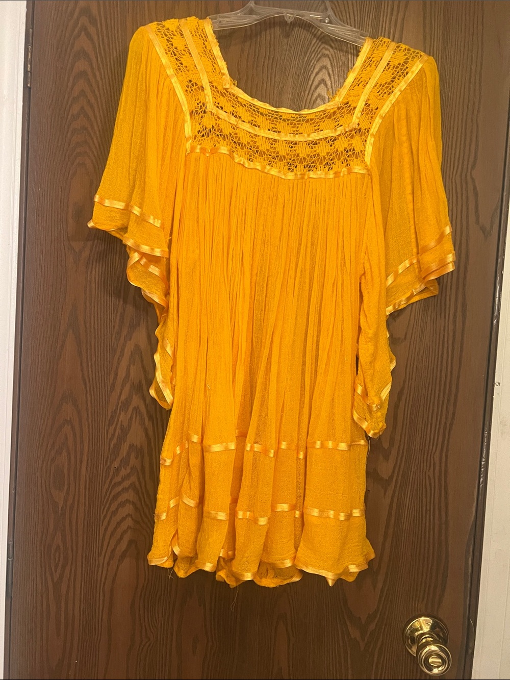 Crochet Yoke Flutter Sleeve Tunic in Mustard Yellow